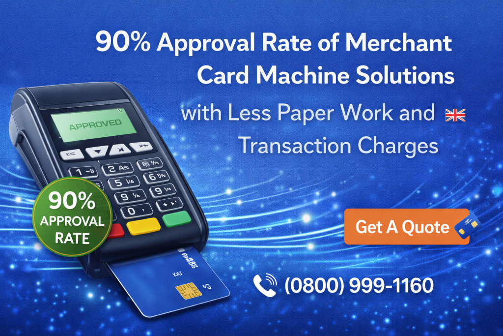 Merchant card machine with 90% approval rate and low transaction charges for UK businesses