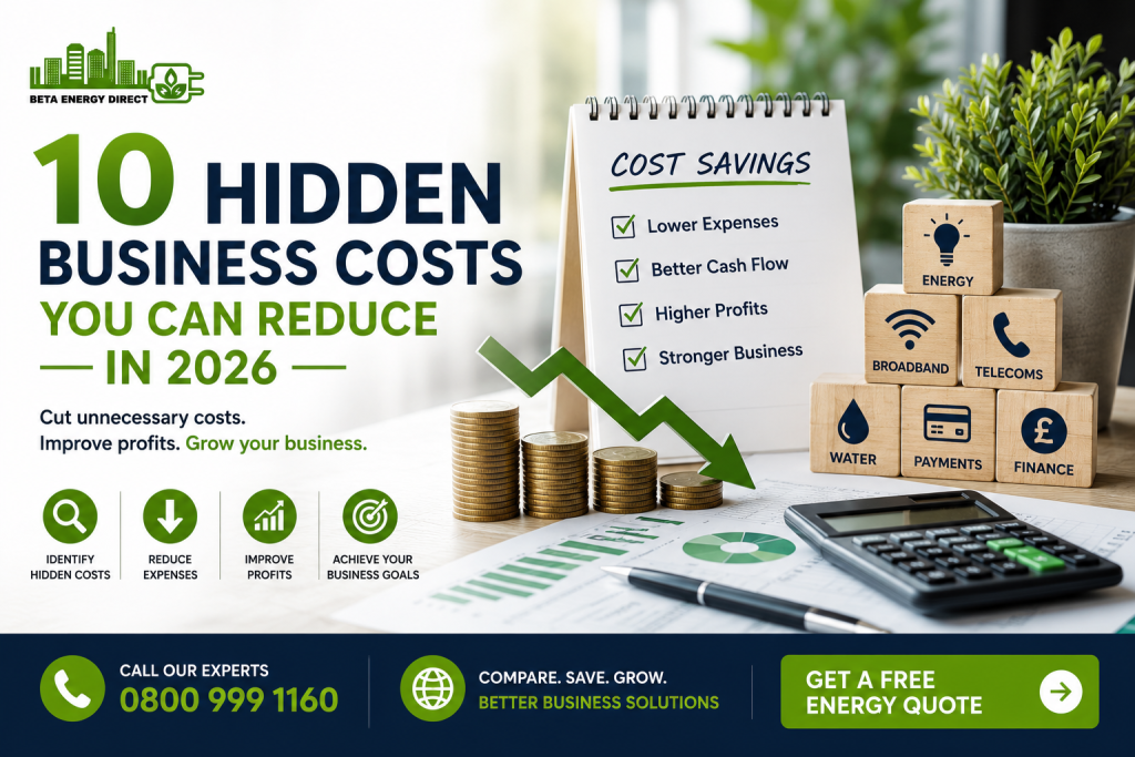 Discover 10 hidden business costs UK SMEs can reduce in 2026. Learn how to save money on business energy, broadband, telecom, water, payment solutions, and more with Beta Energy Direct.