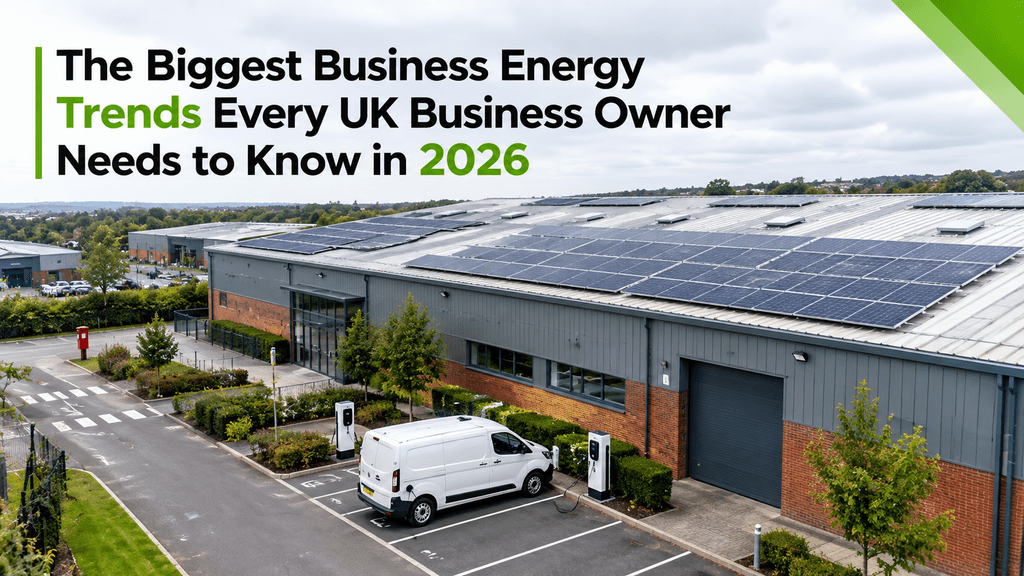 UK commercial building with solar panels and EV charging reflecting 2026 business energy trends