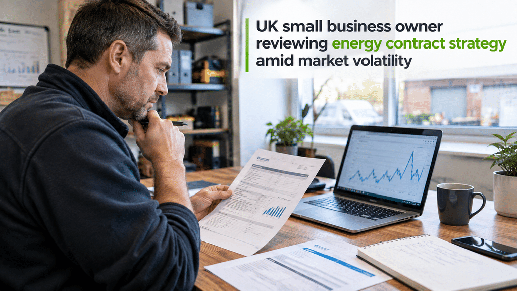 UK small business owner reviewing energy contract strategy amid market volatility