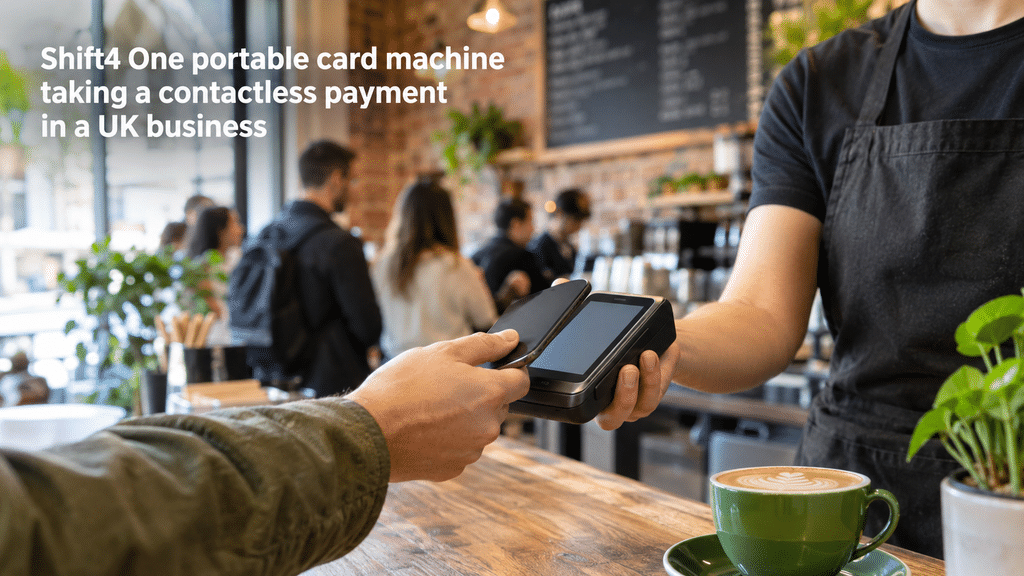 Customer paying by contactless card on a portable card machine at a busy UK café counter