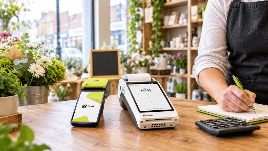 Small UK shop counter with a portable card reader and a countertop card terminal side by side